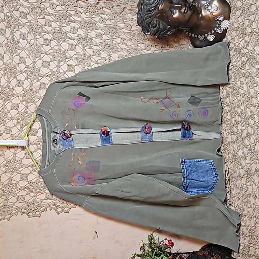Vintage Authentic Pigment Sweatshirt Jacket with Clay Buttons & Jean Pocket - Picture 1 of 14